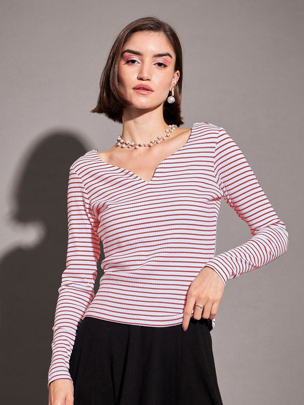 SASSAFRAS Sweetheart Neck Striped Ribbed Regular Top