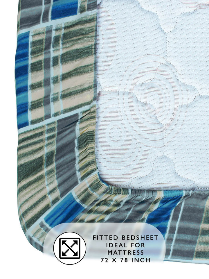 Story@home Arena Grey & Blue Printed 180 TC Fitted King Bedsheet & 2 Pillow Covers