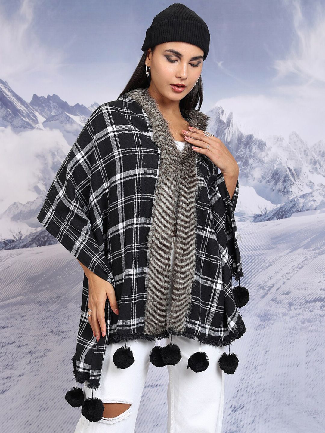 Tokyo Talkies Checked Tasselled Open Front Flannel Checked Shrug