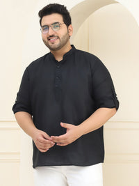 SOJANYA PLUS Lelaki Plus Saiz Hitam Kapas Tulen Solid Kurta Lurus