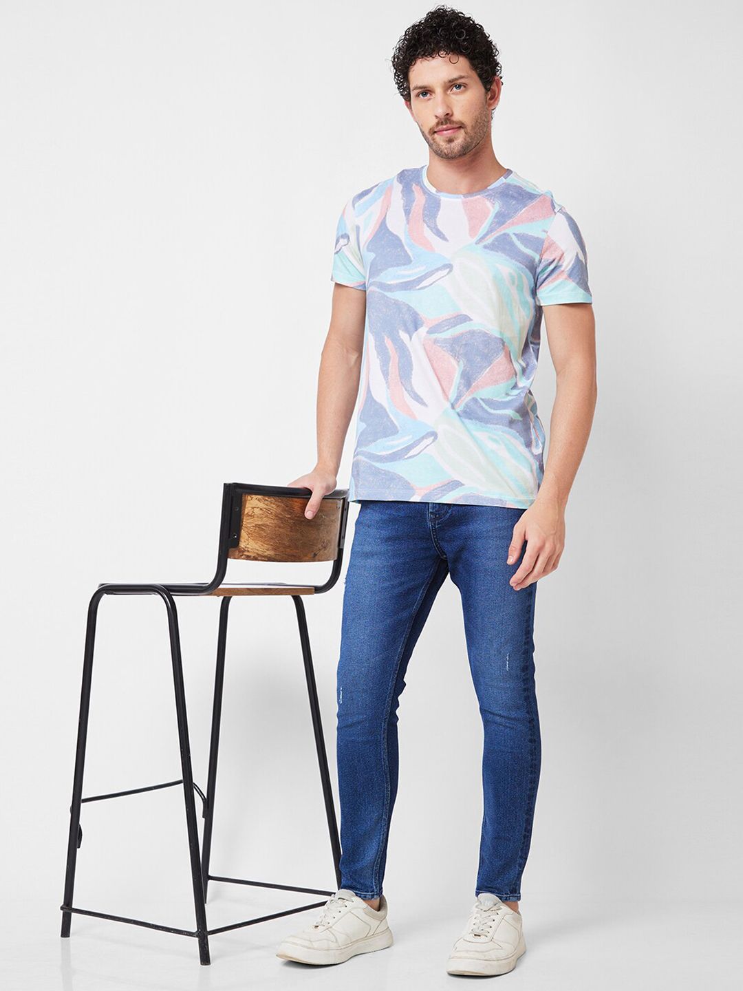 SPYKAR Round Neck Short Sleeves Printed Slim Fit Cotton T-shirt