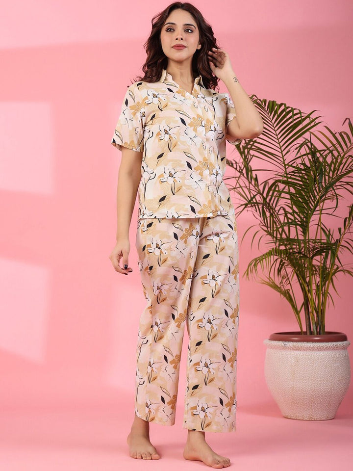 SANSKRUTIHOMES Floral Printed Short Sleeves Pure Cotton Shirt With Pyjamas