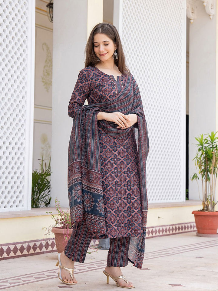KALINI Ethnic Motifs Printed Regular Gotta Patti Straight Kurta with Trousers & Dupatta