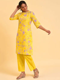 W Yellow & Purple Floral Printed Pure Cotton Kurta With Trousers