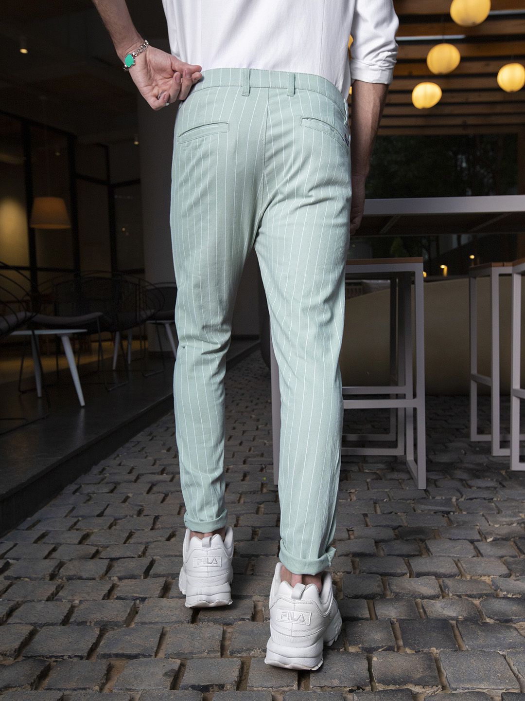 The Indian Garage Co Men Green & White Slim Fit Striped Chinos