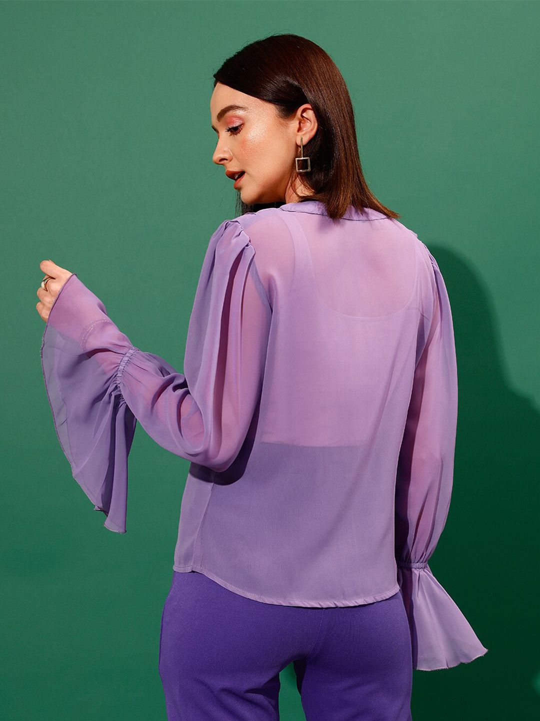 STREET 9 V-Neck Shirt Style Sheer Ruffled Top