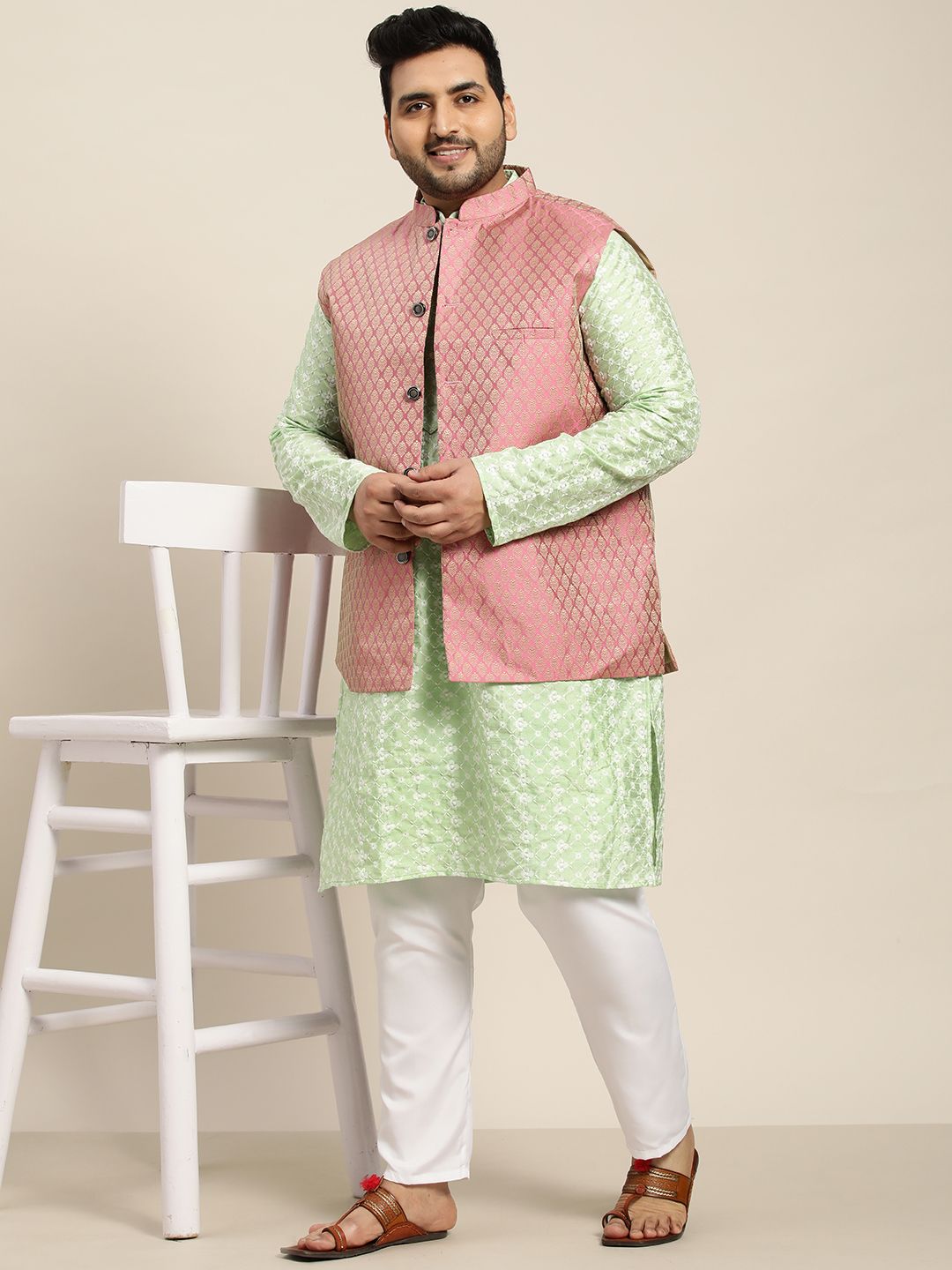 SOJANYA PLUS Men Sea Green Chikankari Embroidered Kurta with Churidar & Nehru Jacket