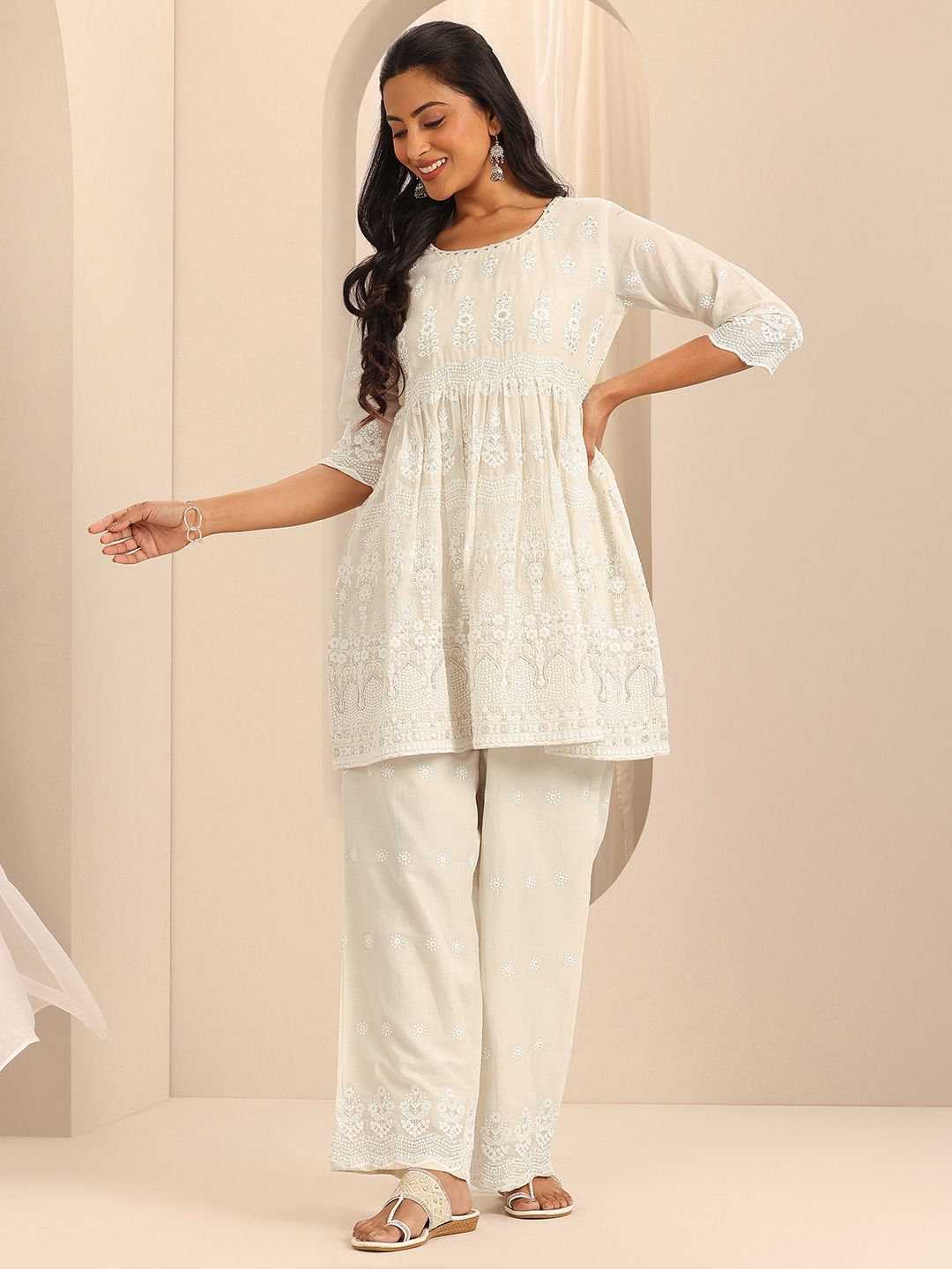 Libas Cotton Embroidered Round neck  Tunic Top and Slip on Palazzo