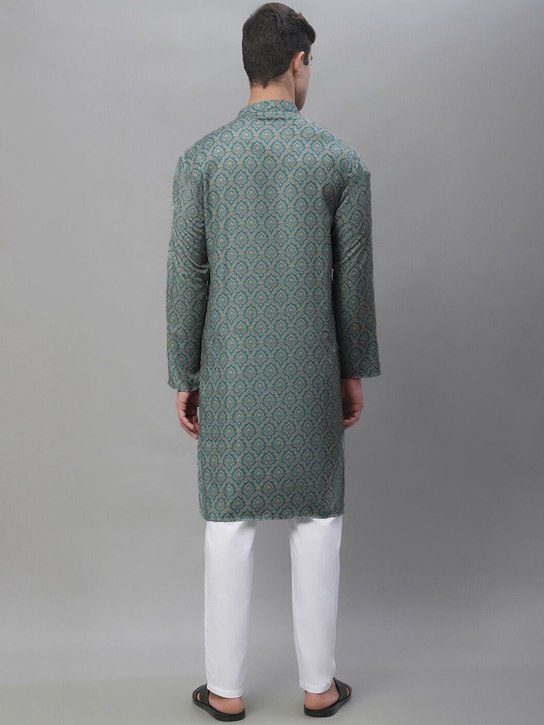 Anouk Teal Green and white Ethnic Printed Band Collar Pure Cotton Kurta with Pyjamas