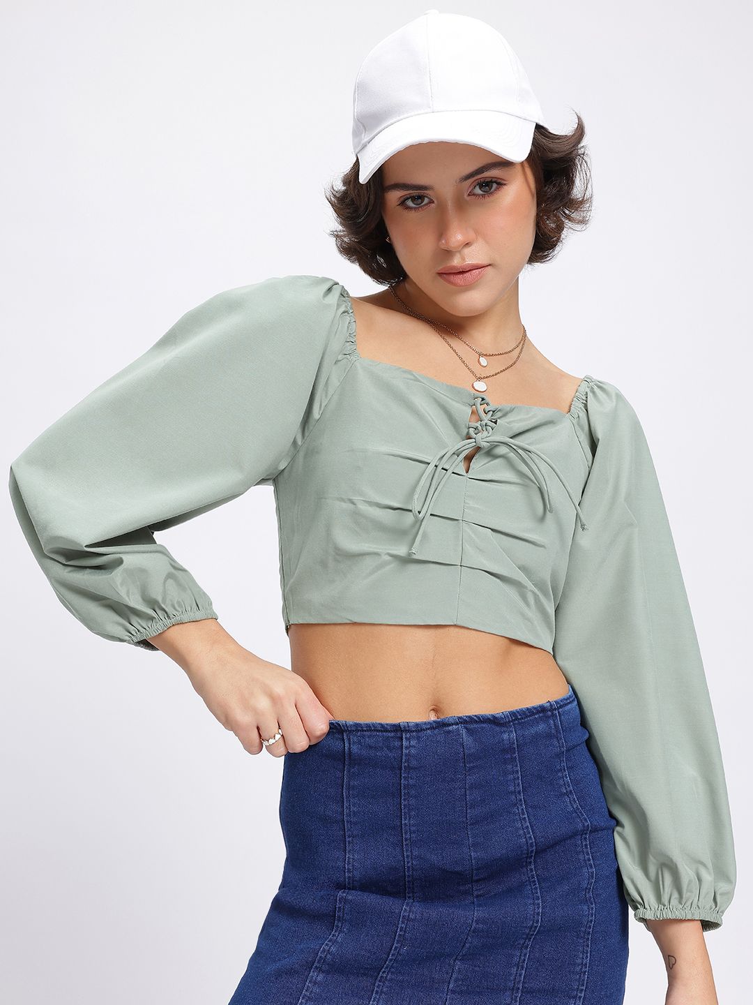 DressBerry Matcha Magic Pleated Smocked Crop Top