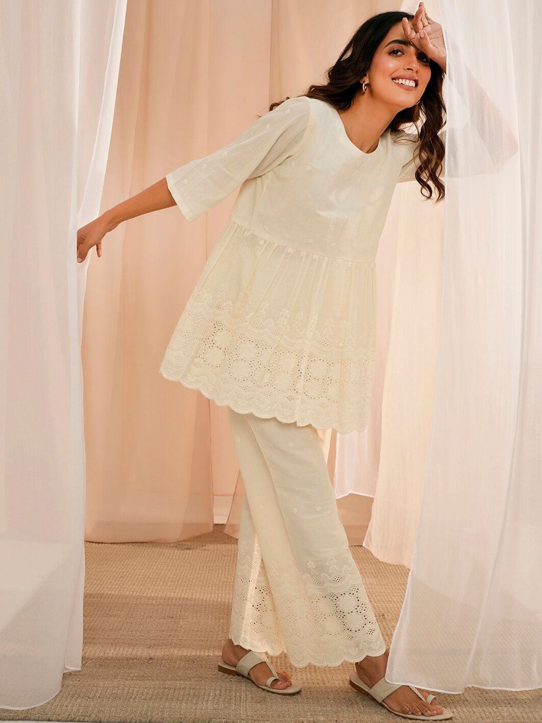 Libas Off White Self Design Round Neck Pure Cotton Kurti With Palazzos