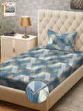 KLOTTHE Turquoise Blue & White Printed Fitted 300TC Single Bedsheet & Pillow Covers