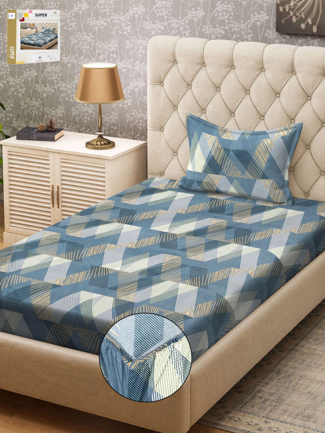 KLOTTHE Turquoise Blue & White Printed Fitted 300TC Single Bedsheet & Pillow Covers