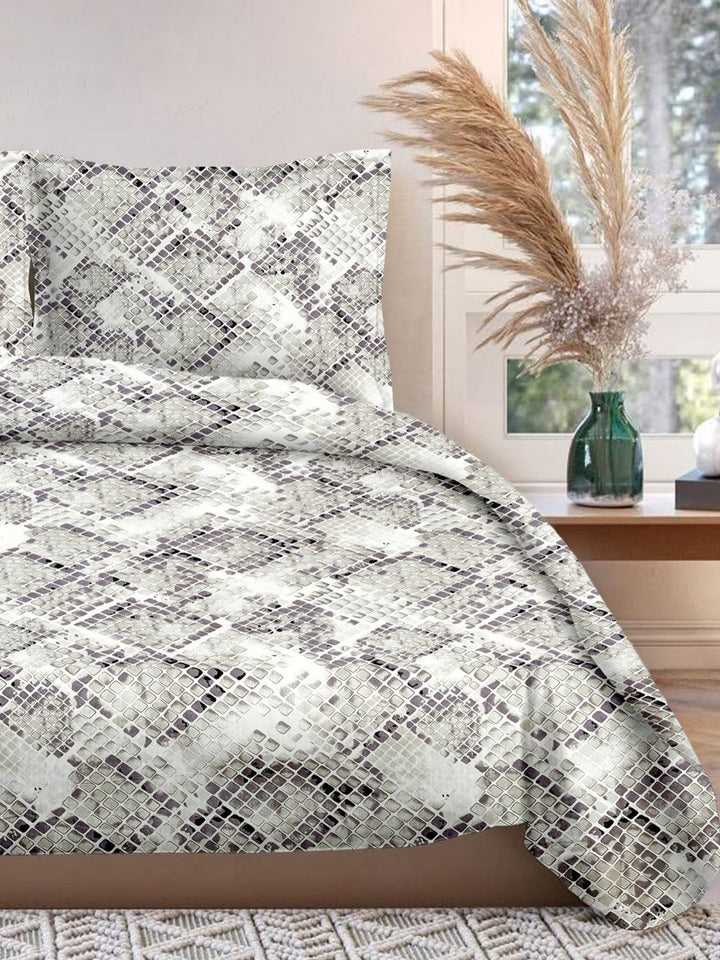 Cortina Glazed Cotton Beige Geometric 140 TC King Bedsheet with 2 Pillow Covers