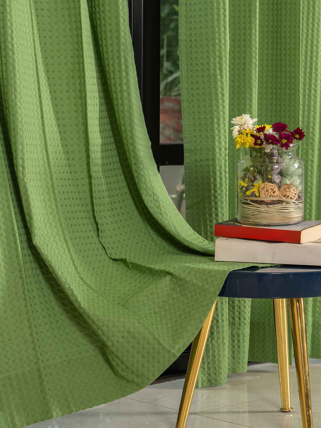 URBAN SPACE Green 2 Pieces Self Design Cotton Window Curtains