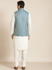 SOJANYA Men Cream-Coloured Chikankari Pure Cotton Kurta with Churidar & Nehru Jacket