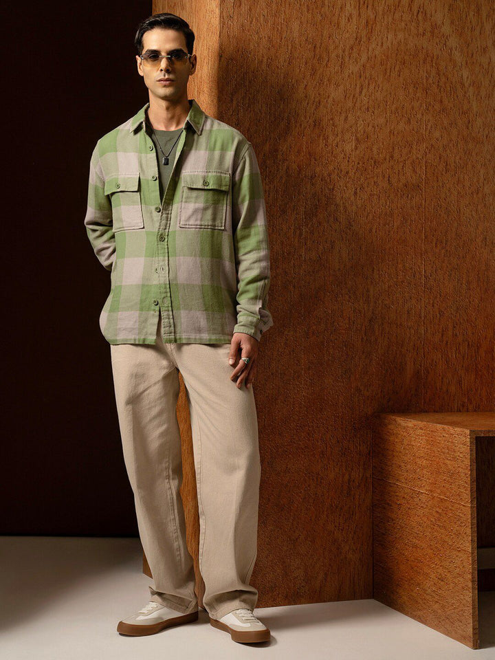 Locomotive Premium Men Green Oversized Oxford Dobby Textured Checked Overshirt