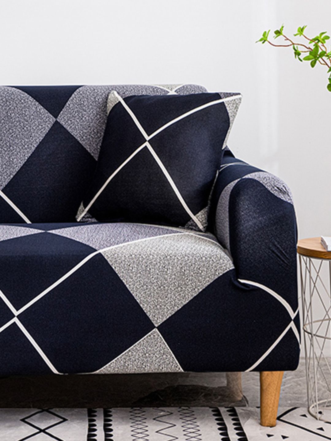Story@home Navy Blue & Grey Printed 3 Seater Stretchable Sofa Cover With Arms