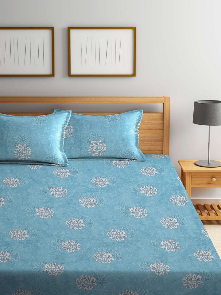 KLOTTHE Turquoise Blue Floral Pure Cotton 400 TC King Superfine Bedsheet with 2 Pillow Covers-98 x 89 inches