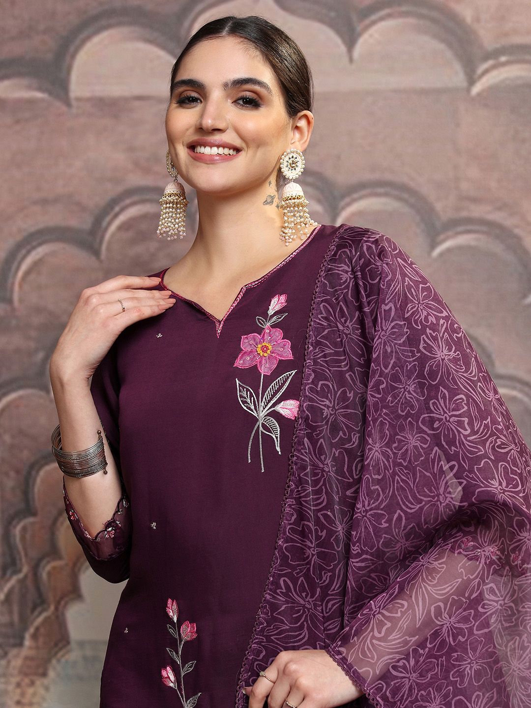 Vishudh Floral Embroidered Regular Kurta with Trouser & Dupatta