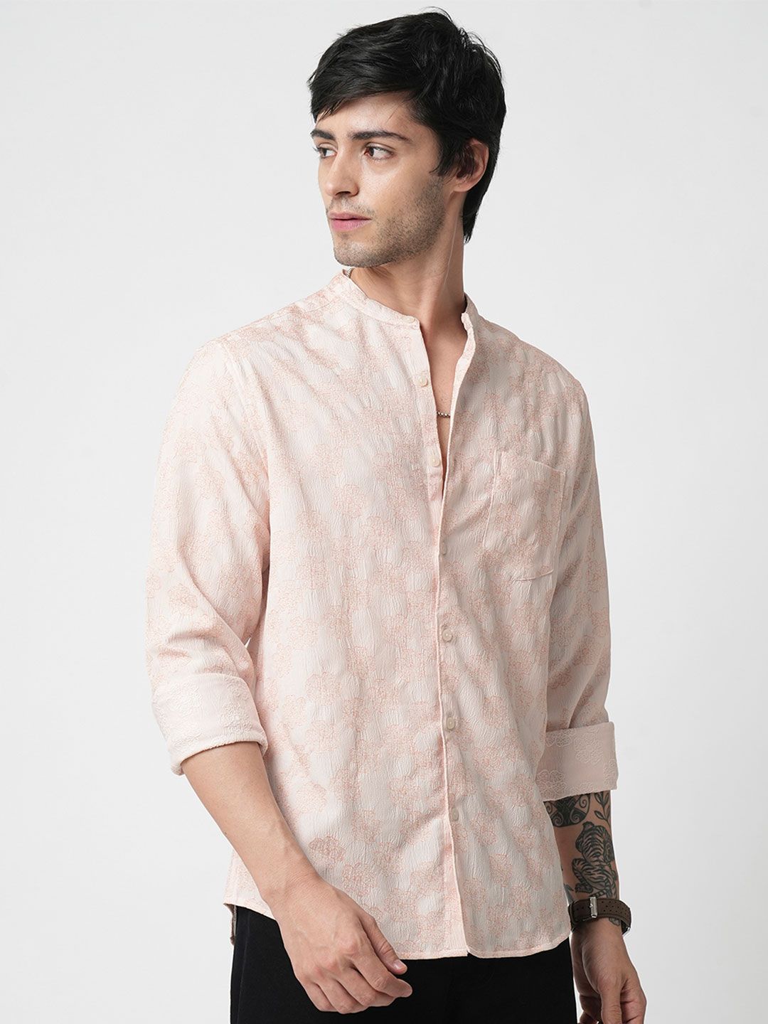 VASTRADO Men Classic Band Collar Floral Printed Slim Fit Casual Shirt