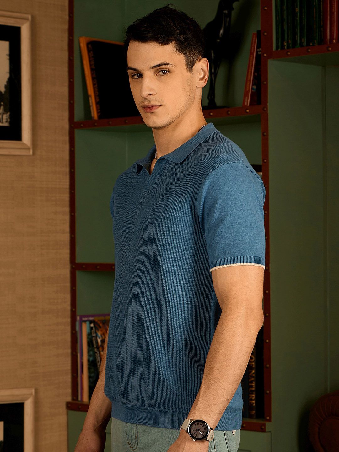 DENNISON Men Textured Polo Collar Knitted T-Shirt