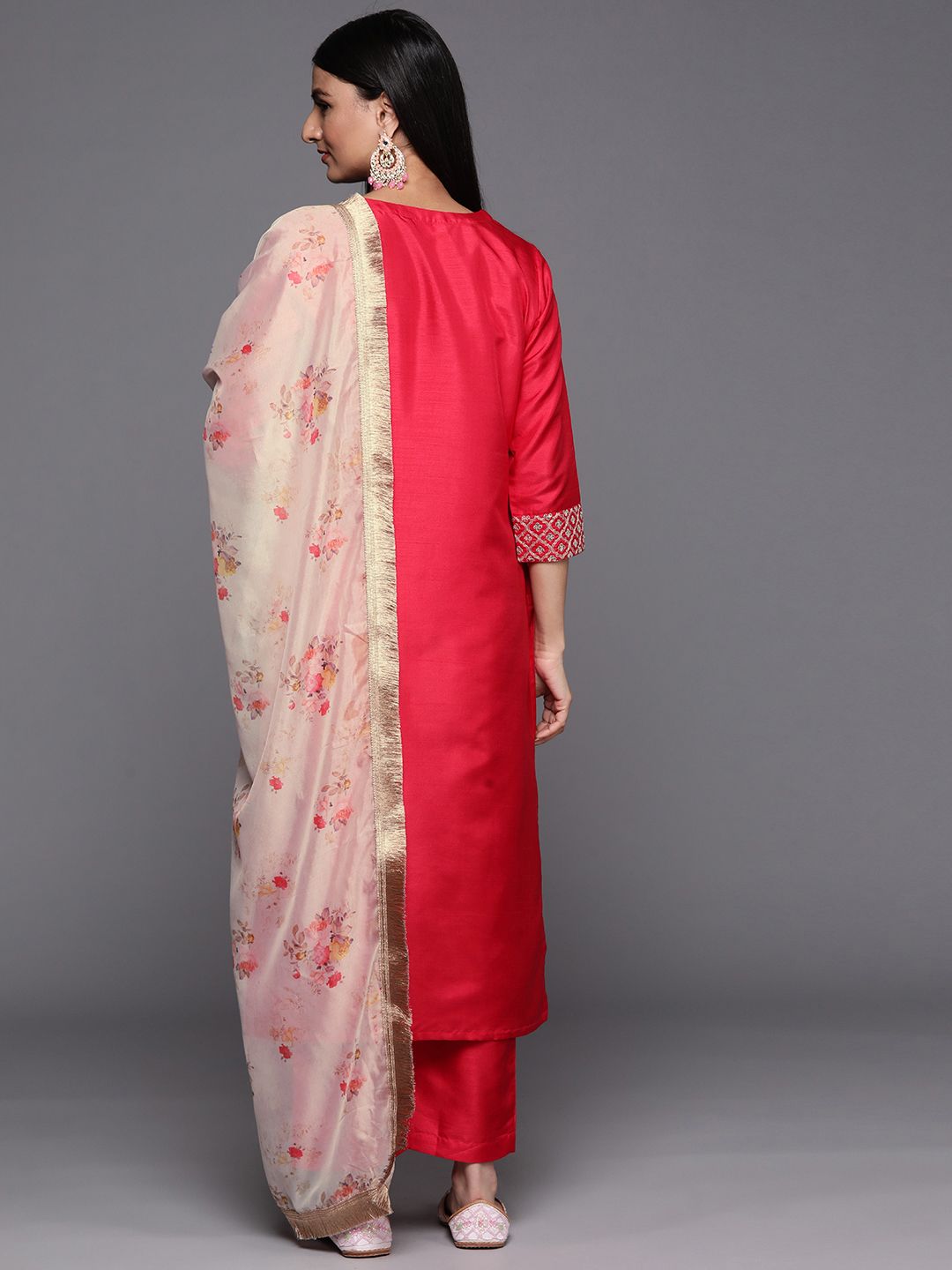 Varanga Women Pink Ethnic Motifs Embroidered Sequinned Kurta with Trousers & With Dupatta