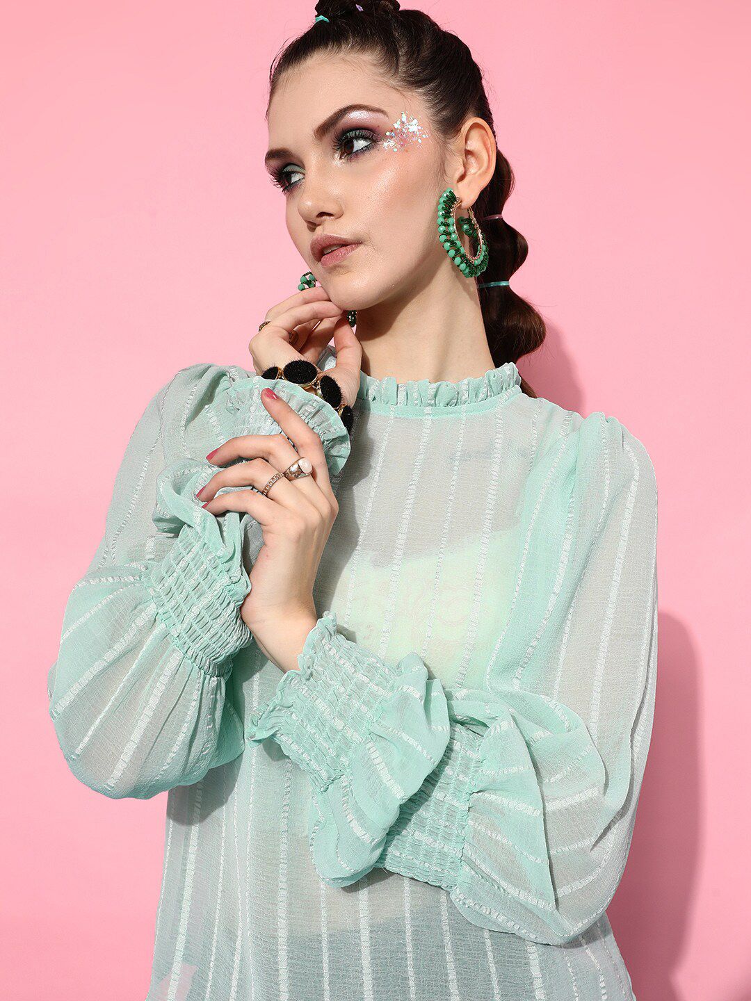 STREET 9 Turquoise Blue Striped Georgette Blouson Top