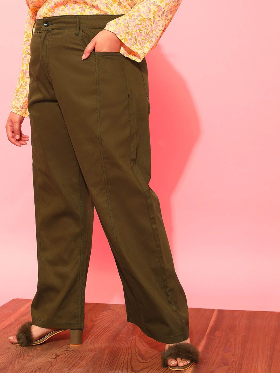 CURVY STREET Women Plus Size Olive Green Relaxed Straight Leg Pure Cotton Trousers