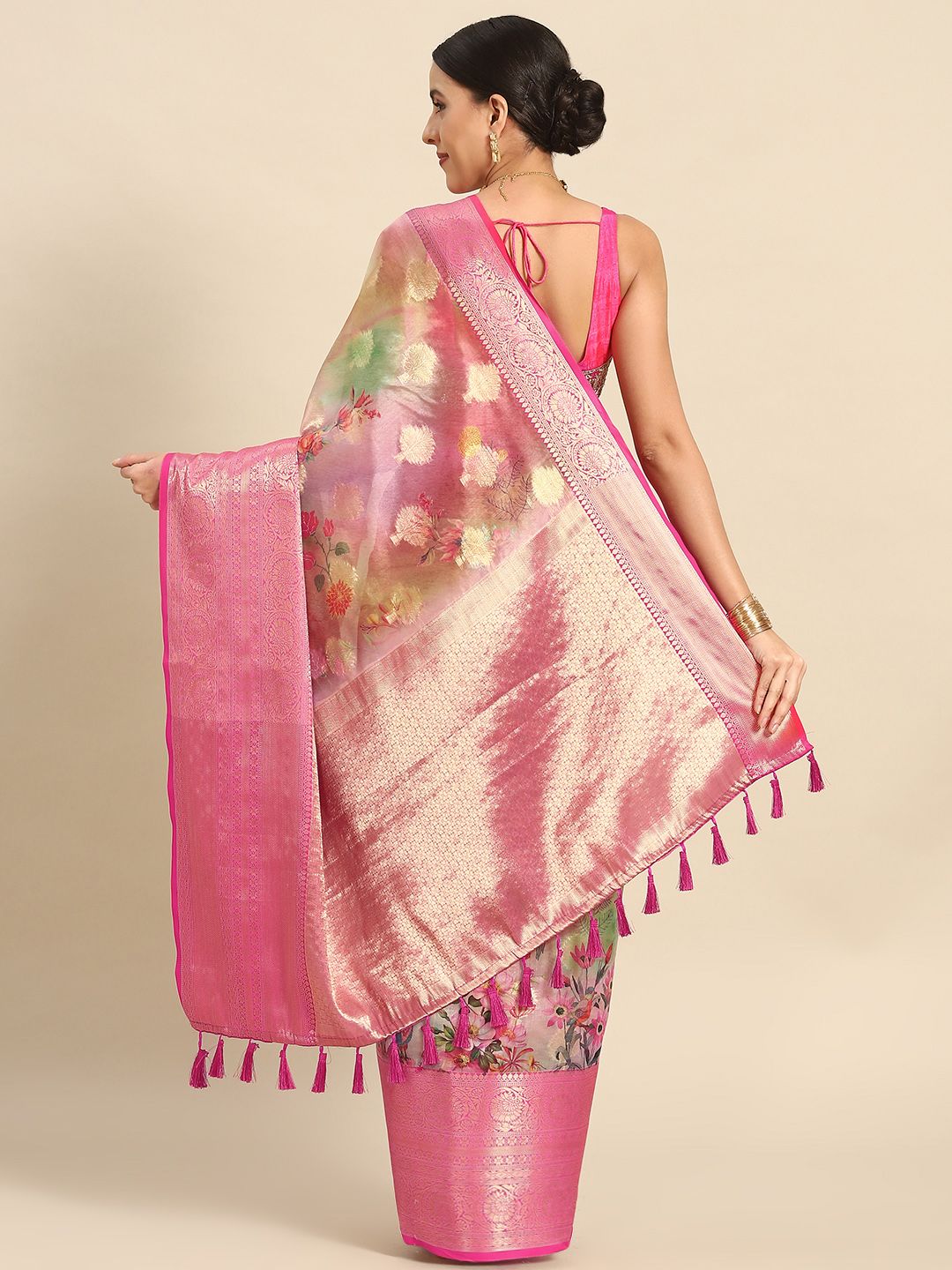 Silk Land Woven Floral Art Silk Chanderi Digital Print Saree