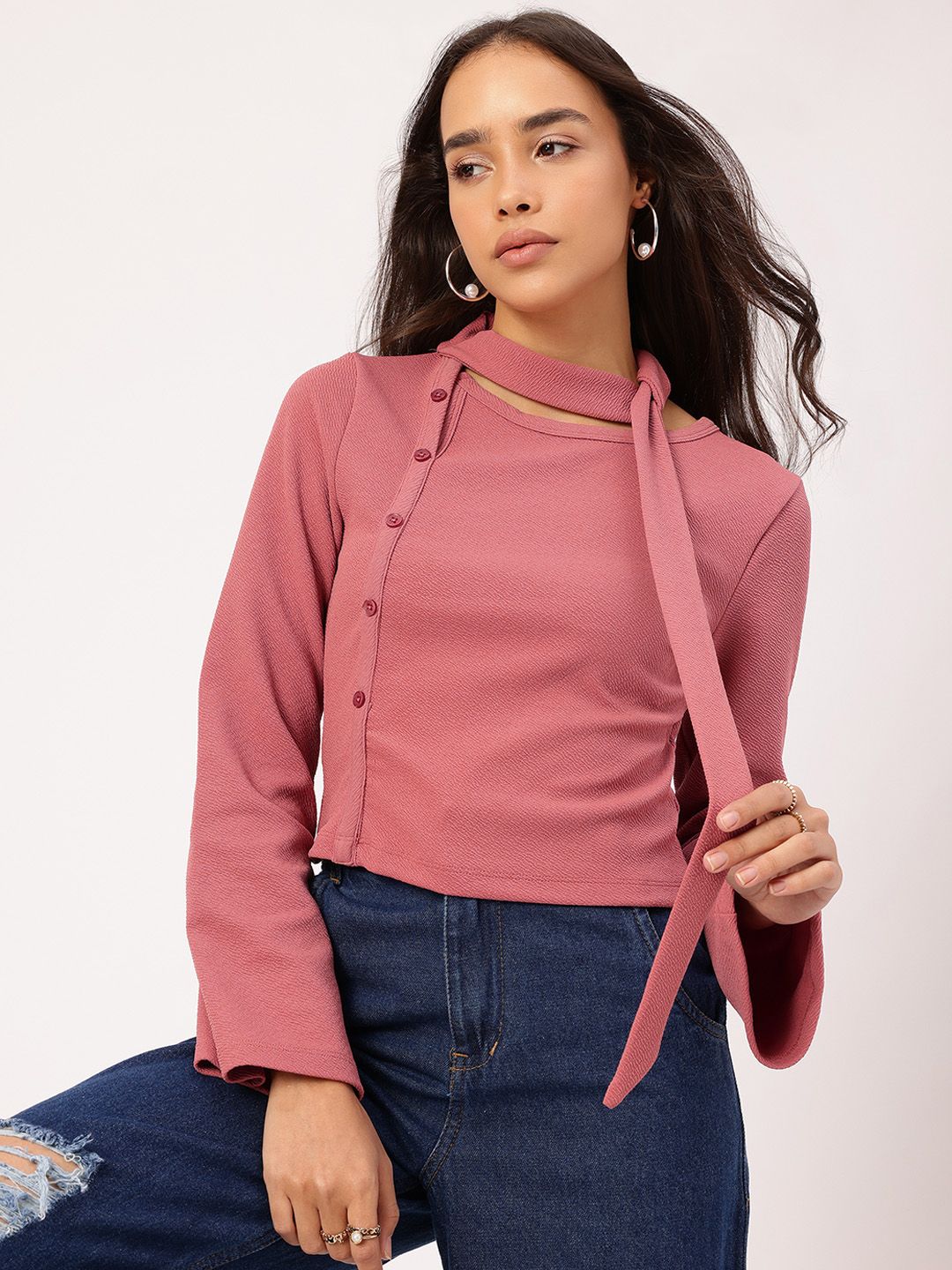 DressBerry Street Texture Button Detail Scarf Neck Top
