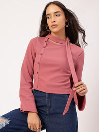 DressBerry Street Texture Button Detail Scarf Neck Top