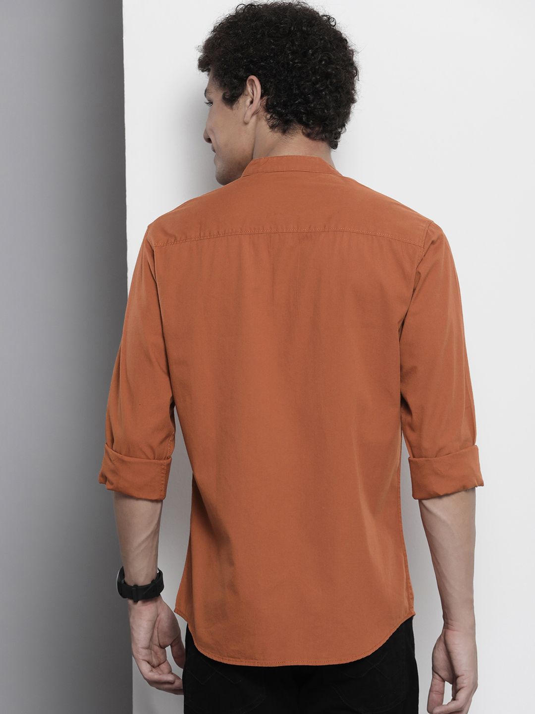 The Indian Garage Co Men Rust Orange Solid Cotton Casual Shirt