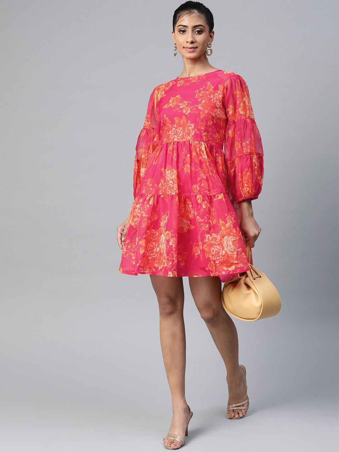 SASSAFRAS Pink & Orange Floral Printed Tiered A-Line Dress With Puff Sleeves