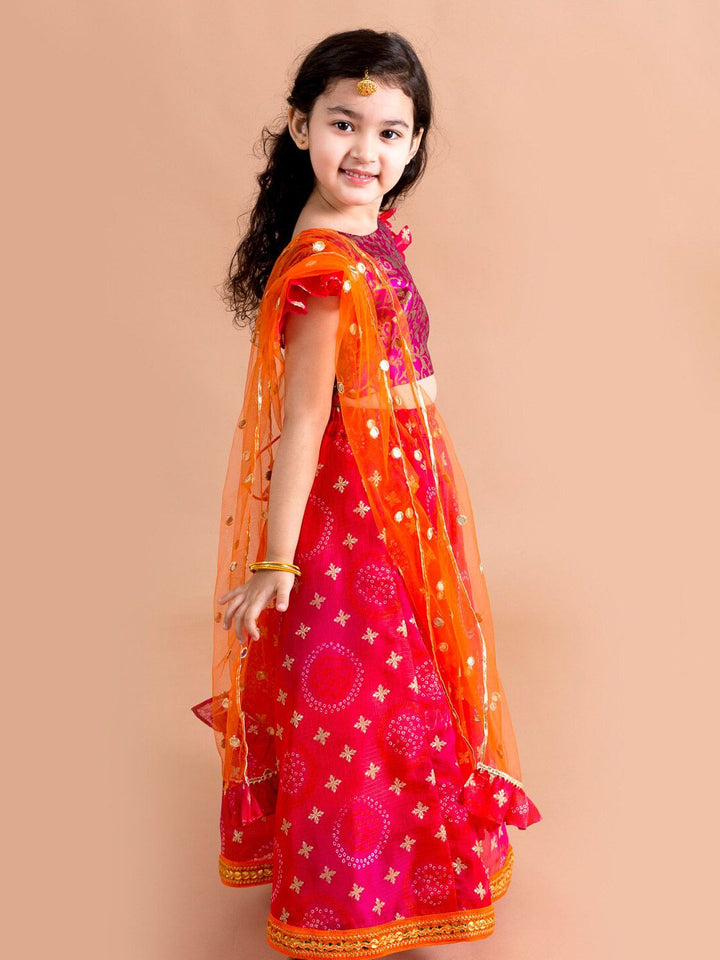 pspeaches Girls Pink & Orange Ready to Wear Lehenga & Blouse With Dupatta