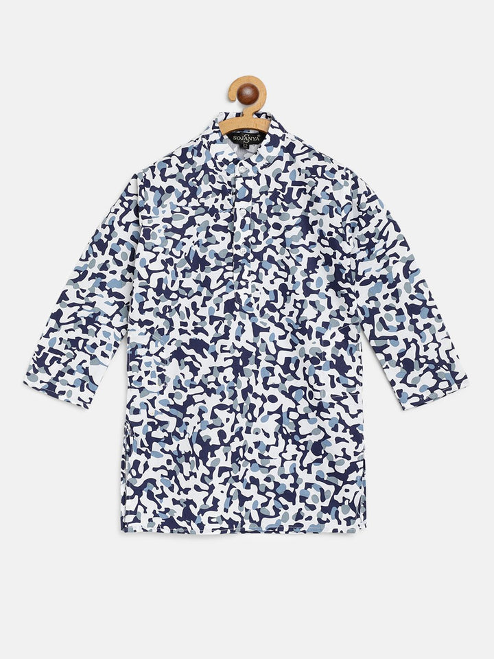 SOJANYA Boys White & Navy Blue Cotton Camouflage Printed Straight Kurta
