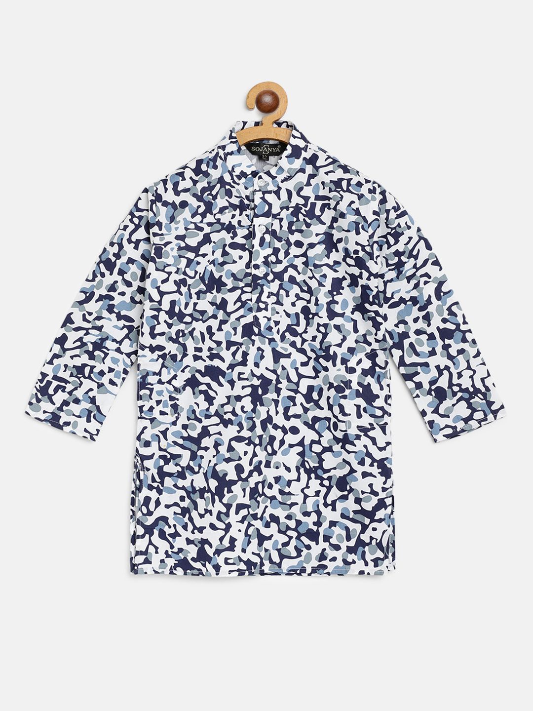 SOJANYA Boys White & Navy Blue Cotton Camouflage Printed Straight Kurta