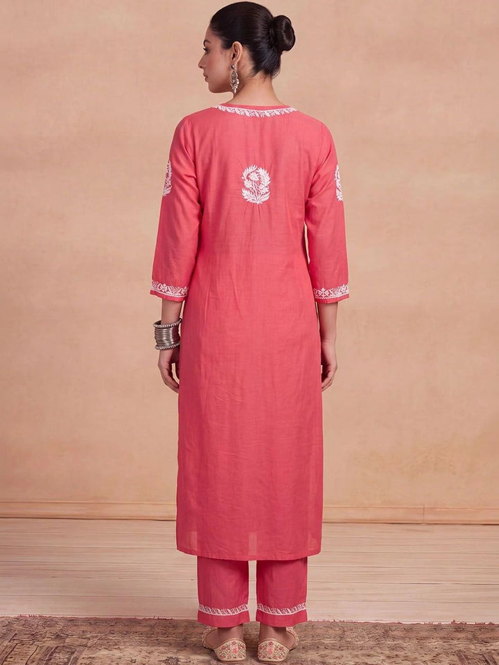 House of Chikankari Women Ethnic Motifs Embroidered Regular Thread Work Chanderi Silk Kurta with Trousers