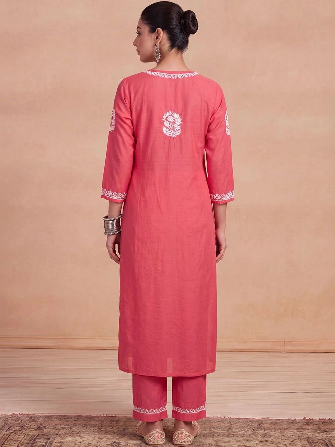 House of Chikankari Women Ethnic Motifs Embroidered Regular Thread Work Chanderi Silk Kurta with Trousers