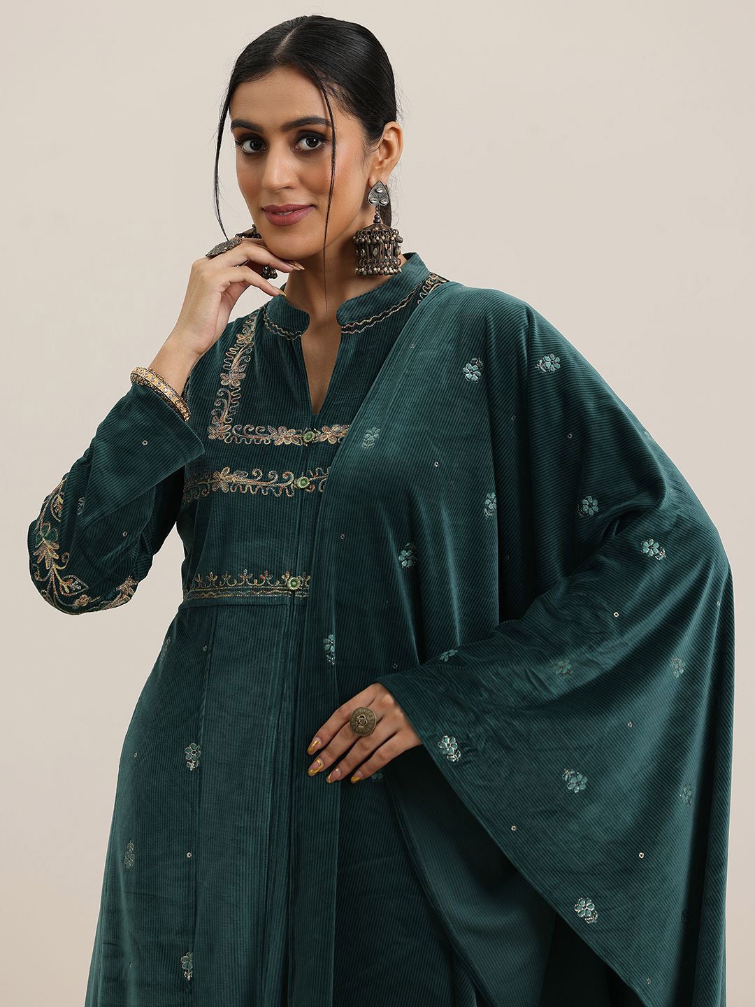 Libas Floral Embroidered Mandarin Collar Velvet Kurta With Trousers & Dupatta
