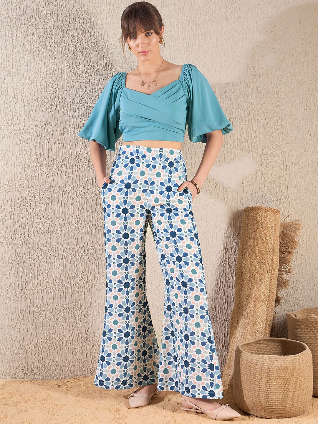SASSAFRAS Teal Blue Puff Sleeves V-Neck Crop Top & Trouser