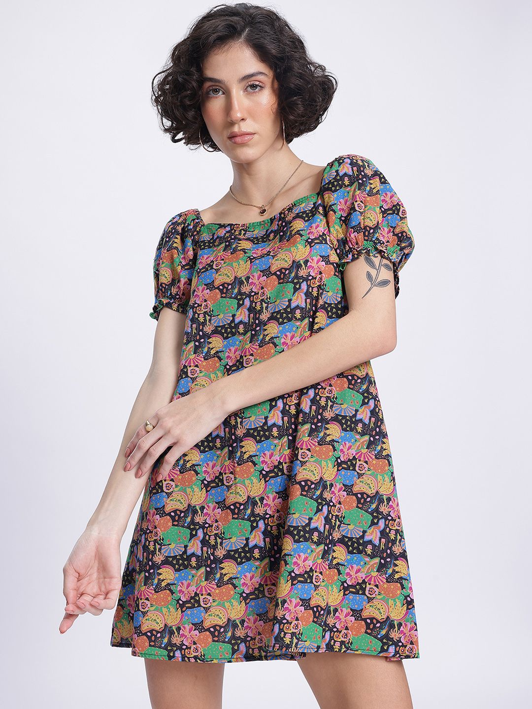 DressBerry Indie Vibe Printed Tie-Up Back A-Line Mini Dress