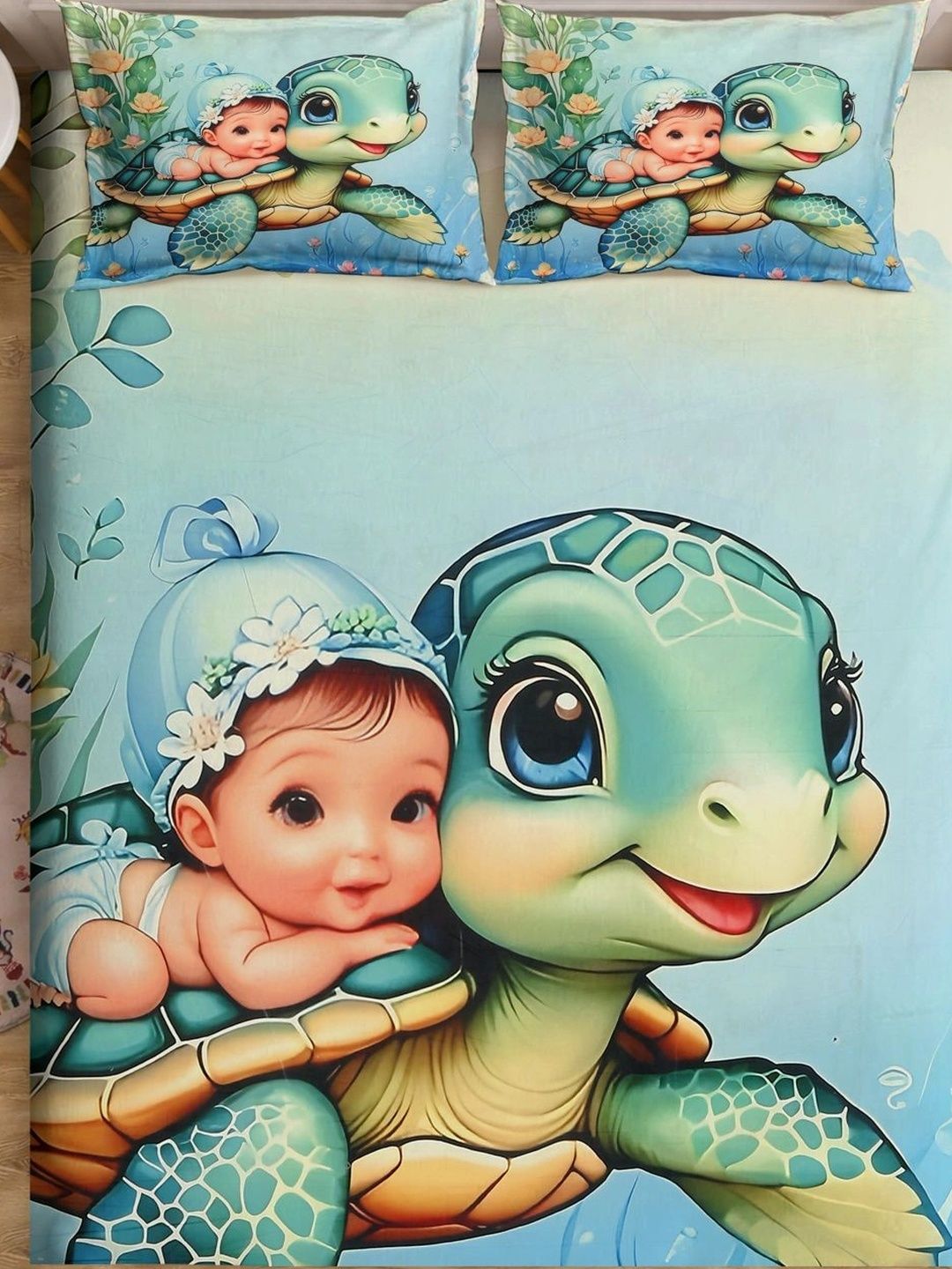 Moda Rapido X KLOTTHE Green & Peach-Coloured Cartoon Characters 400 TC Bedsheet with 2 Pillow Covers