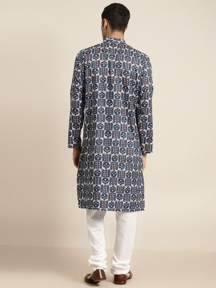 SOJANYA Lelaki Navy Blue & White Geometric Printed Pure Cotton Indigo Kurta