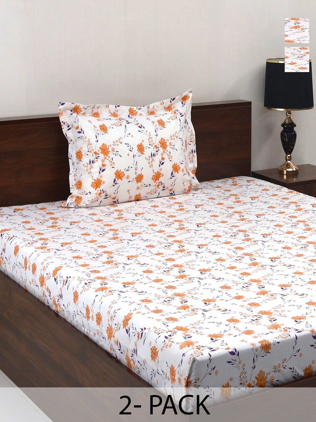 BOMBAY DYEING Vintage Mustard Printed Pure Cotton 180 TC  Bedsheet Set 1.52 m X 2.28 m