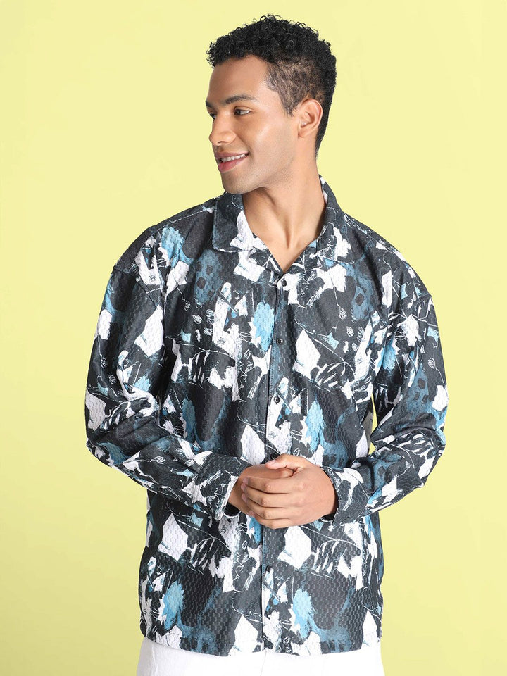 Bene Kleed Men Classic Cuban Collar Abstract Printed Oversized Casual Shirt