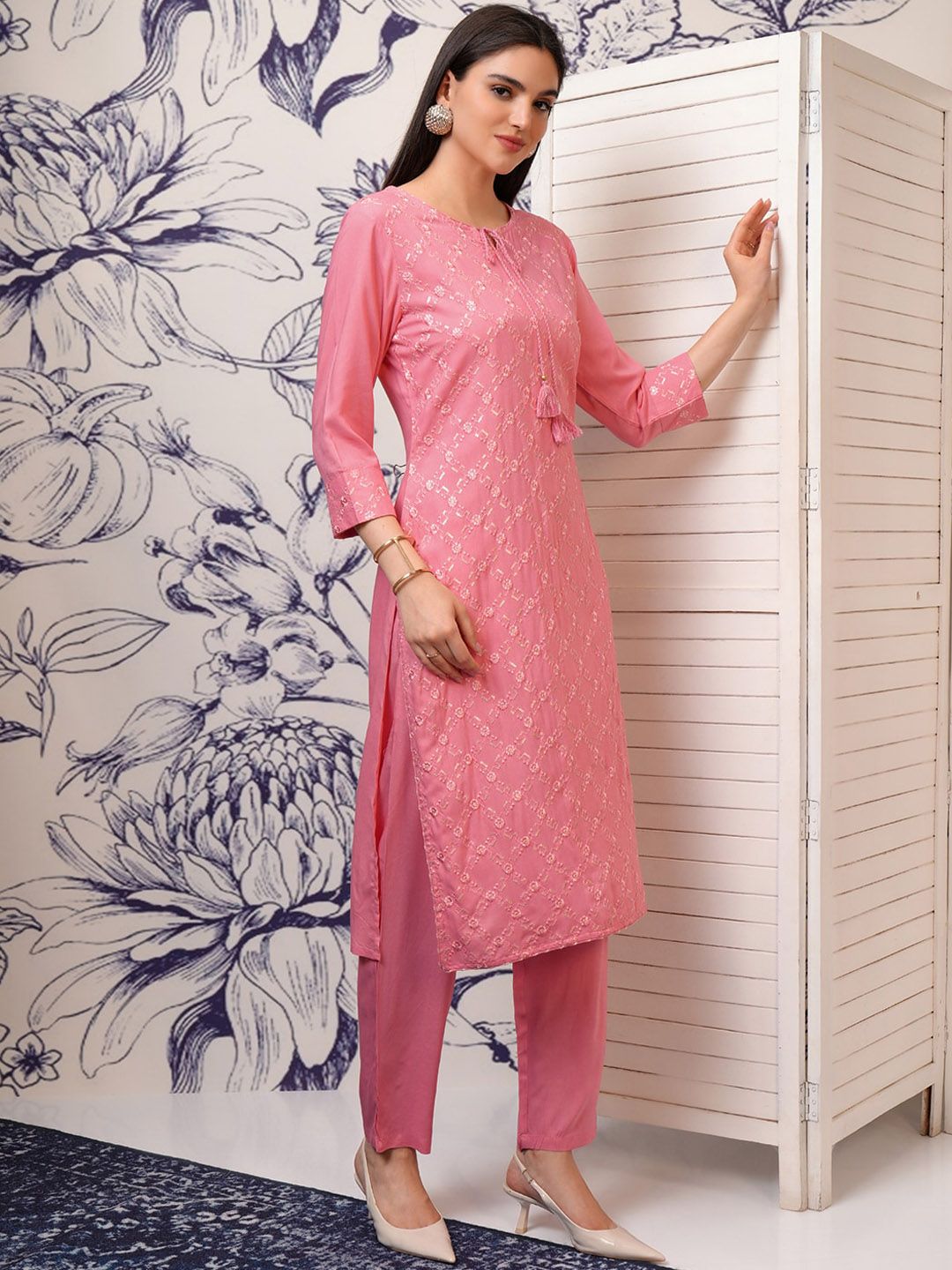 Vishudh Floral Embroidered Regular Sequinned Kurta with Trousers & With Dupatta