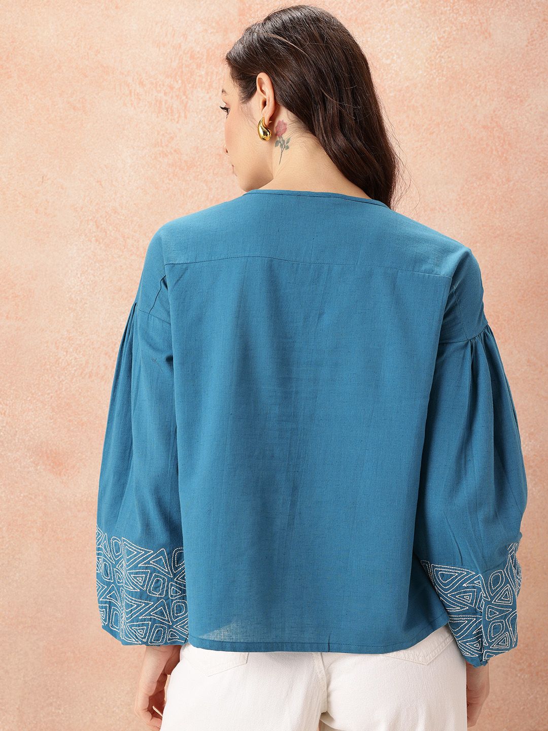 all about you Tie-Up Neck Puff Sleeves Cotton - Linen Top