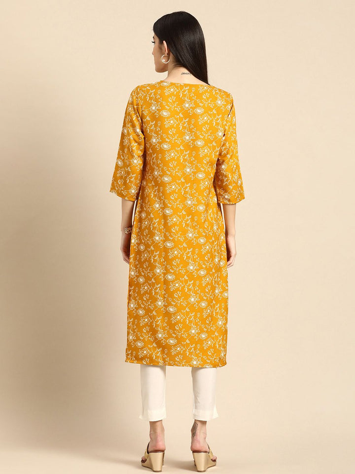 Anouk Women Yellow & White Floral Printed Pure Cotton A-Line Kurta