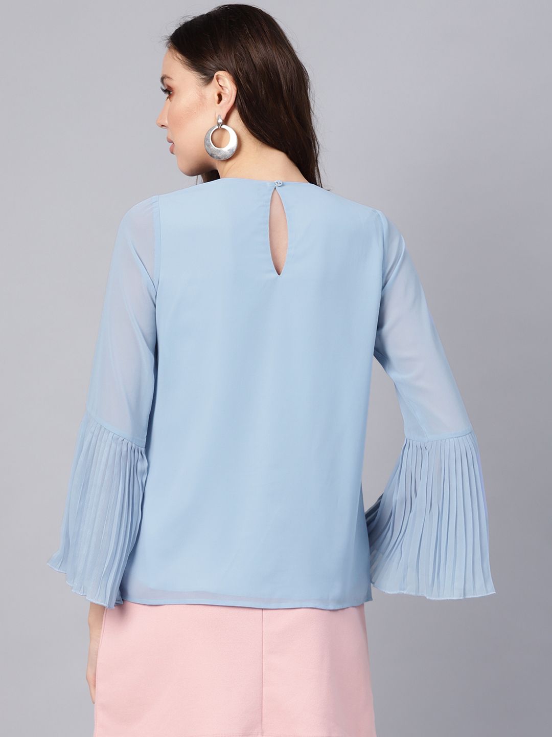 SASSAFRAS Blue Pleated Top With Frilled Hem